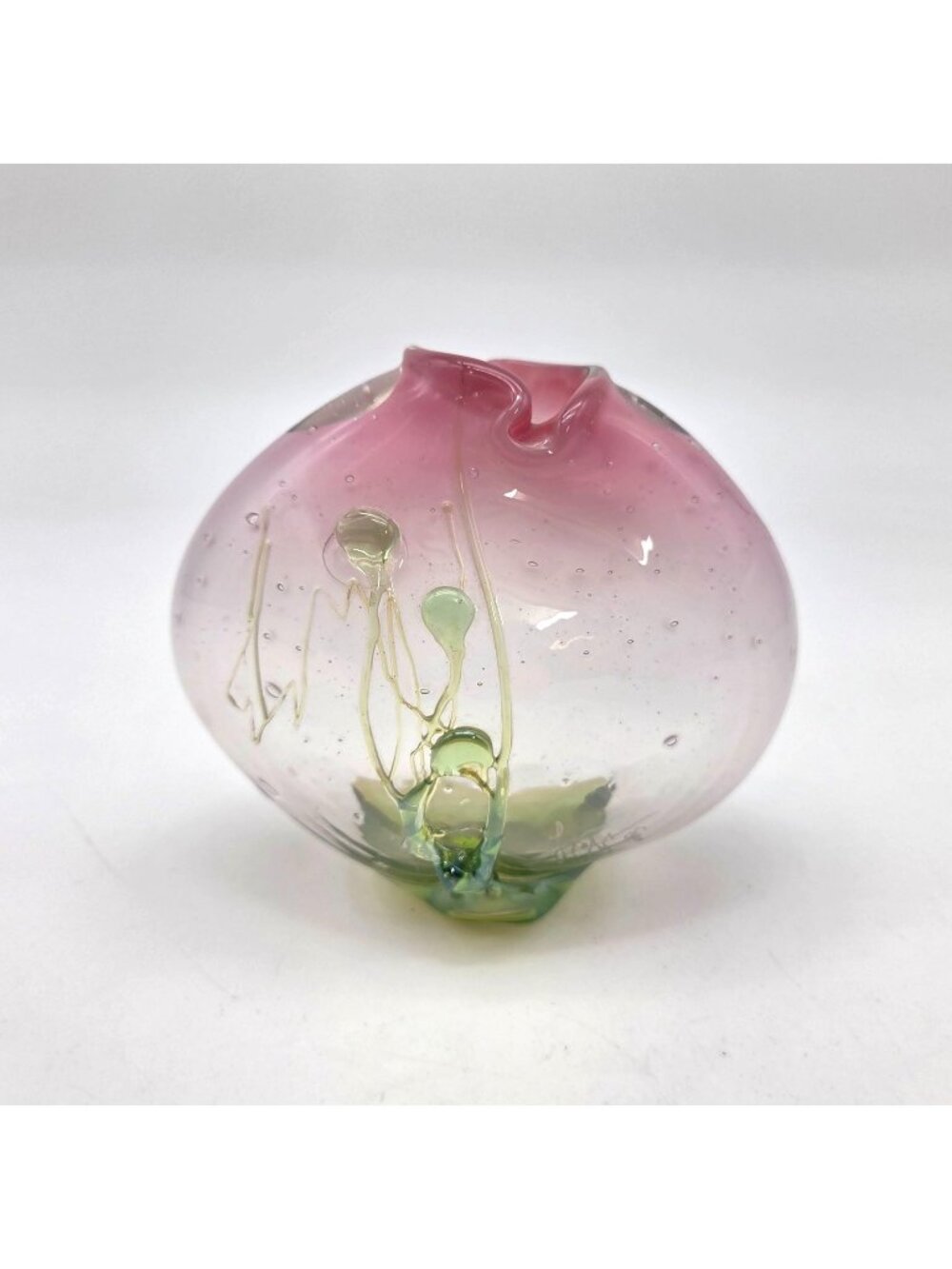 Handblown Loren Chapman Pink & Green Art Glass Vase With Rigaree